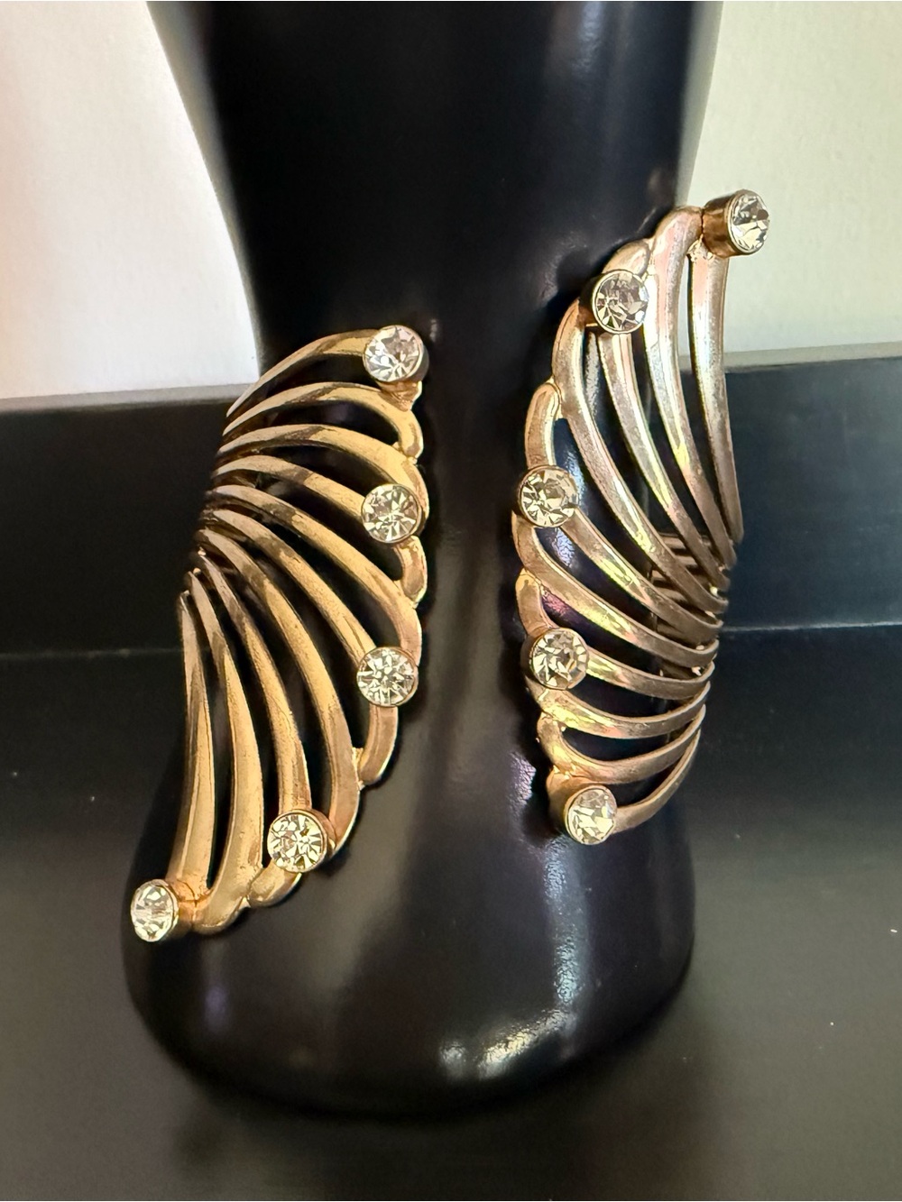 Vintage Gold Tone Rhinestone Wing Cuff Bracelet Statement Piece